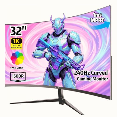 ZZA - Monitor curvo da gioco da 32 pollici, FHD 1920 x 1080, VA, 1ms 240Hz, FreeSync Premium, DP 1.4/HDMI 2.0, compatibile VESA, inclinazione regolabile
