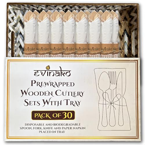 Evinako Juego de cubiertos de madera preenvueltos con bandeja, paquete de 30 | Tenedor, cuchara, cuchillo y servilleta desechables biodegradables | Vajilla ecológica para fiestas, eventos y catering