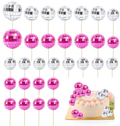 Dmnnlp 30 Stück Discokugel Tortendeko, Disco Deko Rosa Silberne Spiegelkugel, Disco Cupcake Topper, Klein Discokugel Cupcake Deko für Disco-Themenparty, Geburtstagskuchen Zubehör