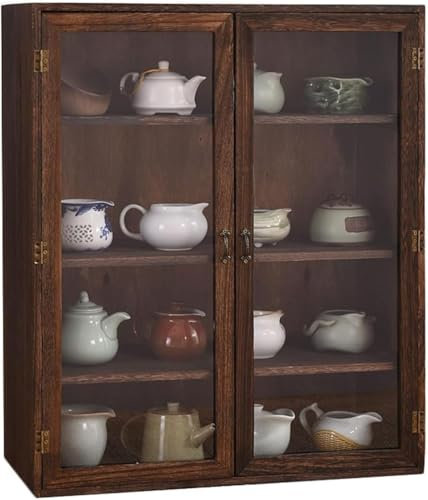 4 Tier Solid Wood Teapot Display Cabinet with Glass Doors Antique Bookcase Display Rack for Small Kitchen Pantry