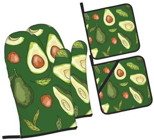 Guanti Da Forno E Presine Da Cucina Set, Cartoon Avocado Guanti Da Forno Addensare Kit Guanti Da Forno Professionale Guanti Da Forno Per Natale Microonde Grill
