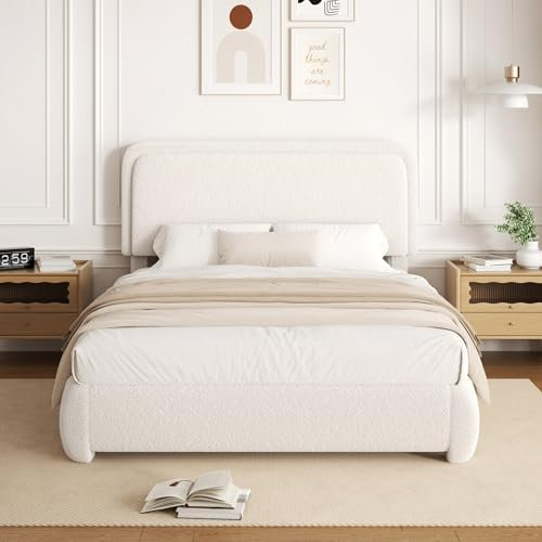 viplov Double Bed Frame, 4ft6 Upholstered Platform Bed with Curve Adjustable Headboard, Sturdy Wooden Slat Support, No Box Spring Needed, Soft Teddy Fleece, Beige