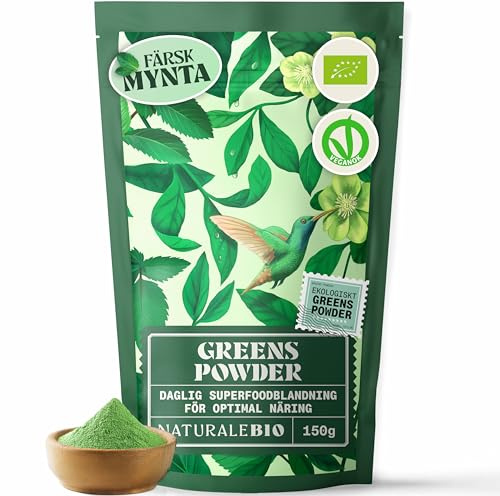 NaturaleBio Ekologiskt Greens Pulver Superfoodmix Mintsmak | 150 g. Mix av 12 ekologiska superfoods med mintsmak och naturligt vitamin C för smoothies och juicer.