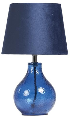 Navy Blue Hammered Glass Modern Table Lamp with Navy Blue Velvet Shade | 30cm Height | in-Line Switch | UK Approved | Glass Urn Design