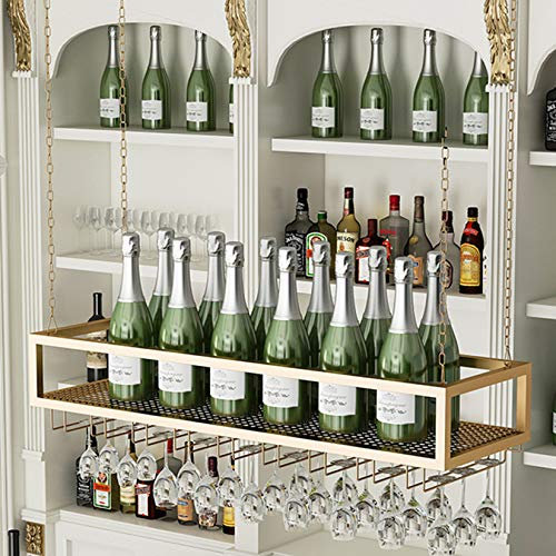 KCGCIHMS Weinregal zur Wandmontage – Weinschrank zum Aufhängen an Einer Metallstange, Weinregale für die Decke, Schrankorganizer für Zuhause, höhenverstellbar (Schwarz, Gold)