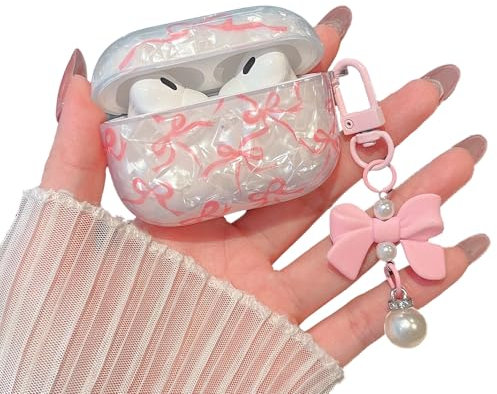 MINSCOSE für Cute Glitter AirPods Pro/Pro 2Hülle, Shell Pattern Bow Ribbon Trendy mit Bowknot Pearl Keychain, Schutzhülle stoßfest für Apple Airpods Pro 1st/2nd Generation