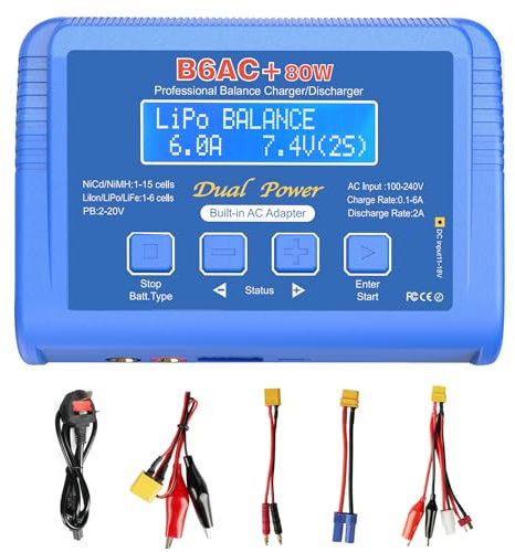 Haisito Lipo Battery Charger 80W 6A - Balance Charger for LiPo, Li-ion, LiFe, NiMH, NiCd,LiHV, Pb| RC Battery Charger with Built-in Adapter| Lipo Balance Charger for Airsoft, RC Cars, Boats, Drones