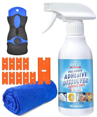 BUFFZIT Adhesive Remover Kit with Plastic Scraper, 10 Extra Razor Blades & Cleaning Towel | Strong Formula Glue Remover Spray for Stickers, Labels, Decals & Car Adhesive Residue – 10oz (300ml)