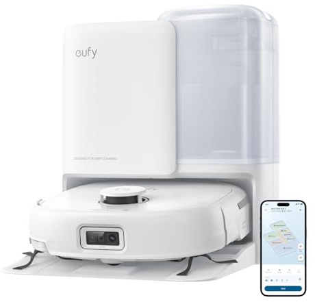eufy Robot aspirateur Laveur Omni E25 | Système HydroJet, aspiration Turbo de 20 000 Pa, brosses démêlantes DuoSpiral, bras CornerRover, station tout-en-un (Blanc)
