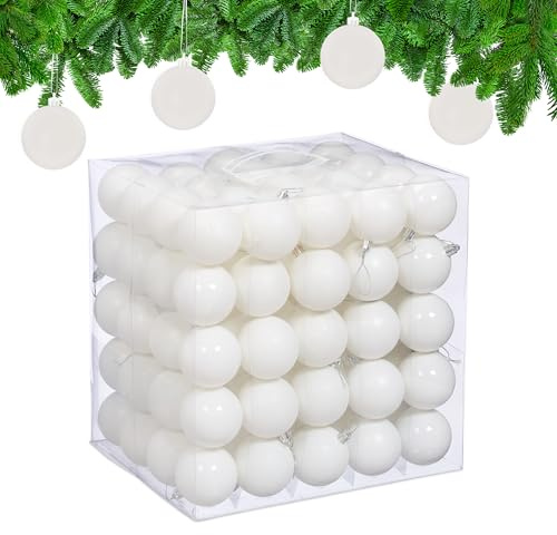 Relaxdays Palline di Natale, Set 100 Palle Albero, Addobbi Natalizi, ∅ 6 cm, in Plastica Opaca, Lucida, Glitter, Bianco