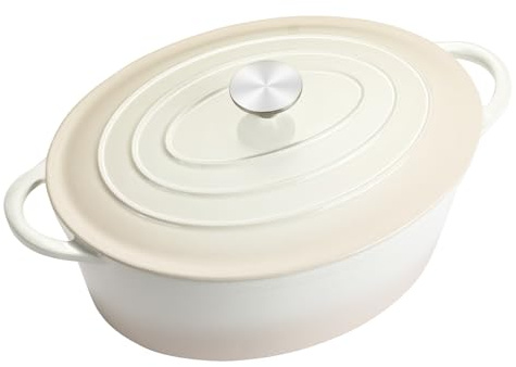 NSIRONS Cocotte ovale en fonte avec couvercle, 6,6 l, en émail, passe au four, cocotte avec couvercle pour tous les types de plaques à induction, blanche