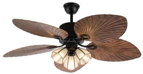 JHOMHF Ceiling Fans with Lights and Remote Control Palm Leaf Fanlight 5 Hand-carved Wood Leaf Blades 3 Spped Ceiling Fans E26