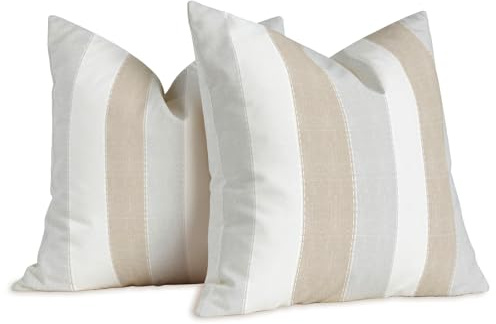 Brylleii 2er Set Kissenbezug Weiss Gestreift Muster 45 x 45 cm Creme Grau Kissenbezüge Moderne Leinen Dekorative Kissen Vintage Sofa Kissenhülle für Wohnzimmer Couch Outdoor Waschbar Bezug