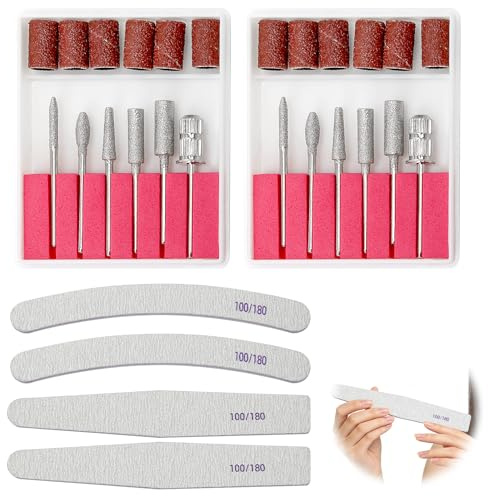 28 Piezas Fresas para Torno de Uñas + Bandas Abrasivas y Limas 100/180, Brocas para Manicura Pedicura, Uñas Gel Acrílicas y Naturales, Accesorios Nail Drill