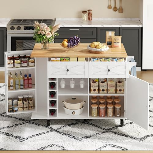 ModernLuxe Kücheninsel Küchenwagen auf Rollen,Servierwagen Küche,Rollwagen Küche - klappbarer Arbeitsplatte,Türregal, Weinregal & Glashalter,Stauraum, Weiß, 120×45(70)×89 cm
