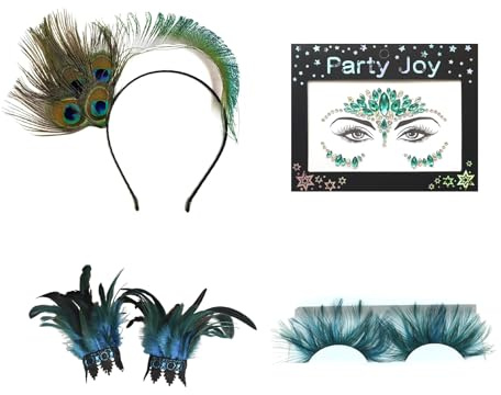 Rainway 6-teiliges Pfau-Kostüm-Zubehör Set – 1 Paar Manschetten Federn+1 Paar Feder-Wimpern + Diamant-Aufkleber + Federn-Haarreif für Karneval Fasching Maskerade zum Cosplay Spiel Party