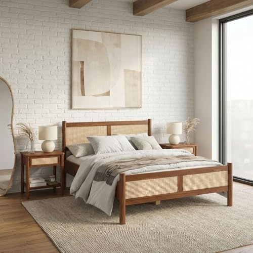 IDIMEX Massivholzbett CEFIRA 140x200 cm mit Rattangeflecht, Kastanie Finish - Doppelbett aus massivem Kiefernholz, stabiles Holzbett im Boho-Stil