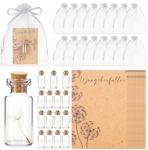 16er Set Kleiner Wunscherfüller, Pusteblume im Glas mit Kraftpapier Karten, Organzasäckchen und Juteschnur, Gastgeschenke Geburtstag für Kollegen Freunde, Glücksbringer Klein für Hochzeit Neujahr