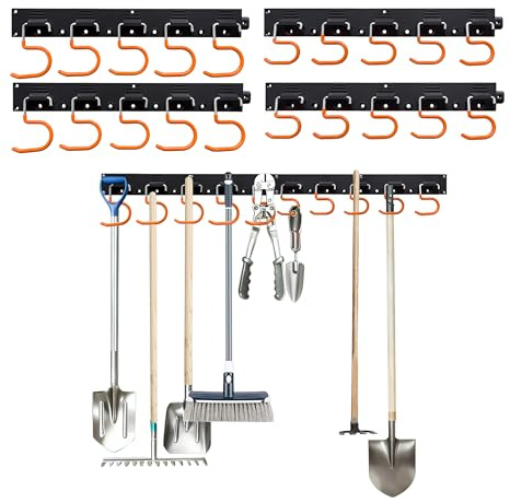 Relaxdays Gartengerätehalter Wand, 20 Haken, Geräte Wandhalterung, HBT: 5x43x2 cm, 4X Geräteleisten, schwarz/orange