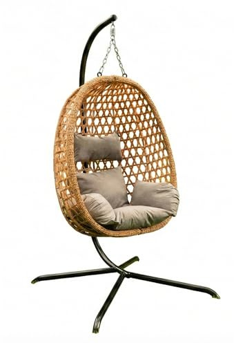 MEVEN Aura | Hängesessel mit Gestell natürlich Hängekorb Outdoor & Indoor | Schwebesessel Inklusive XXL Kissen Belastbarkeit 110kg | Luxus Korbsessel für Garten Balkon und Wohnzimmer Design Schaukel