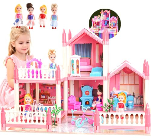 Maison de poupée pour filles avec lumière, tapis de jeu, poupées et meubles pour enfants de 3 à 8 ans