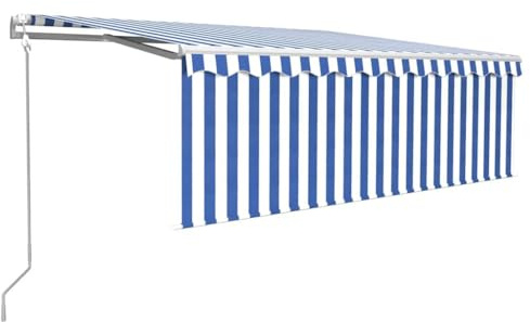 KUPTYERFG Automatische Markise 400x300 cm Einziehbar mit Jalousie, Motorisierte Gelenkarmmarkise mit Fernbedienung und Handkurbel, Windschutz Sonnenschutz für Terrasse und Balkon, Blau Weiß