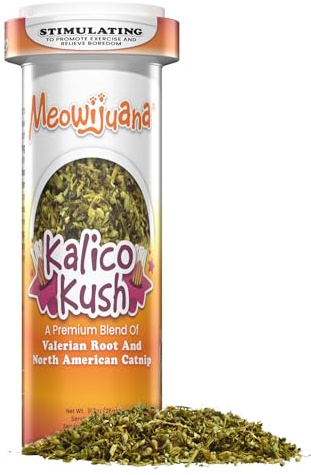 Meowijuana Good Vibes Kalico Kush | Valerian Root and Catnip Blend | Large Bottle High Potency Blend | Premium Hand Harvested North American Catnip