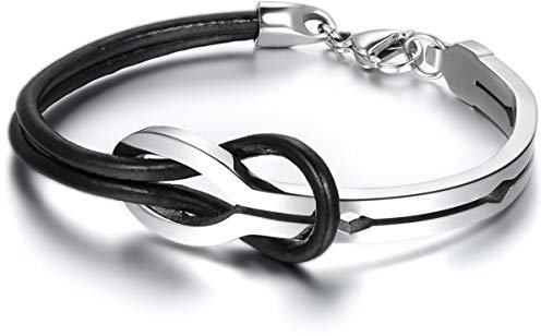 JewelryWe Mens Womens Leather Stainless Steel Bracelet, Infinity Love Sign Cuff Bangle, Black Silver