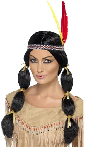 Smiffys Indianerin Perücke von amerikanischen Ureinwohnnern inspiriert, schwarz mit Zöpfen und Stirnband