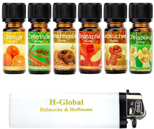 6er Set weihnachtliche und winterliche Duftöle Aromaöle Raumduftöle Christkindl, Zimtrinde, Lebkuchen, Bratapfel, Orange, Weihnachtsgebäck in je 10 ml Fläschchen + Feuerzeug