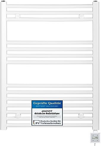 anapont Radiateur de salle de bain, électrique, 775 x 750 cm, avec minuterie, droite, blanc, sèche-serviettes, fabriqué en Allemagne