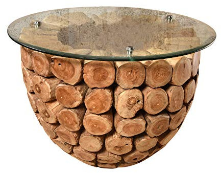 Vakarua Couchtisch aus Wurzelholz Nanas Runder Sofatisch 80x80 mit Glas Wohnzimmertisch
