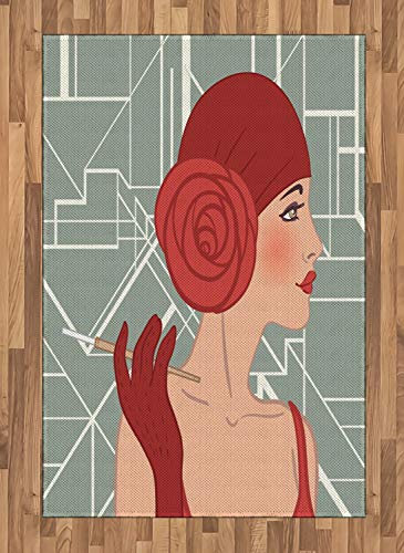 ABAKUHAUS Old Hollywood Teppich, Dame mit Bandana, Deko-Teppich Digitaldruck, Färben mit langfristigen Halt, 120 x 180 cm, Weiß Grau und Rubin