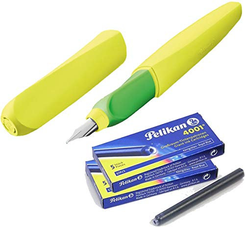 Pelikan Füller Twist Neon Gelb, M-Feder, universell für Rechts- und Linkshänder + 10 Großraumpatronen königsblau
