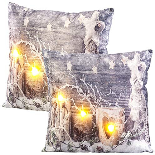 infactory Kissen mit Licht: 2er-Set Deko-Kissen mit Wintermotiv, 3 LEDs, Batteriebetrieb, 45x45 cm (Deko mit LED Lichtern, Weihnachtskissen, Weihnachten)