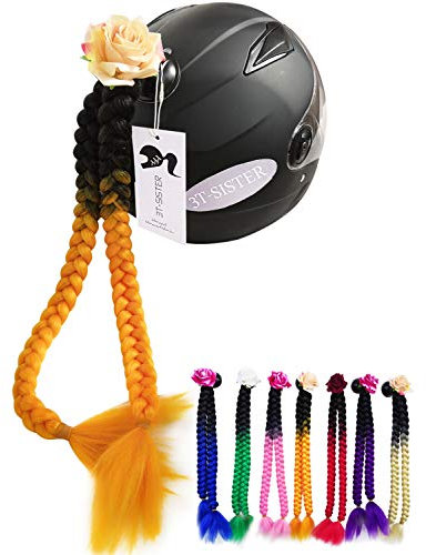 3T-SISTER Braids Helm Pigtails Rose Flower Helm Pferdeschwänze für Motorrad Fahrrad Ski Helm Haar Saugnapf Design 24 Zoll Ombre Schwarz bis Orange + 2PCS Free PU Adhesive