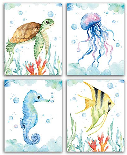 CHIEN-CHI LILI Texture of Dreams Aquarell Meeresleben Kunstdruck-Set von 4 (20,3 x 25,4 cm), Meeresschildkröte, Seepferdchen, Fisch, Quallen, Wandposter für Babyzimmer, Kinderzimmer, Wanddekoration