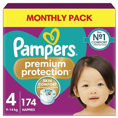 Pampers Premium Protection Size 4, 174 Baby Nappies, 9kg-15kg, Monthly Pack with Pampers Harmonie Aqua Baby Wipes 1 Pack of 10 Wipes