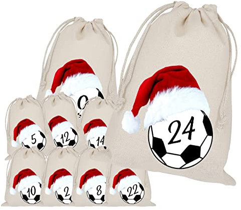 Adventskalender zum Befüllen, 24 Adventskalender Stoffbeutel, Bedruckt, Fussball, Ball, Weihnachten Geschenksäckchen, Adventskalender Säckchen, DIY Adventskalender Selber Befüllen, Weihnachtskalender