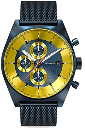 DeTomaso D10 Chronograph Limited Edition Blue Yellow Herren-Armbanduhr Analog Quarz Mesh Milanese Blau Brushed