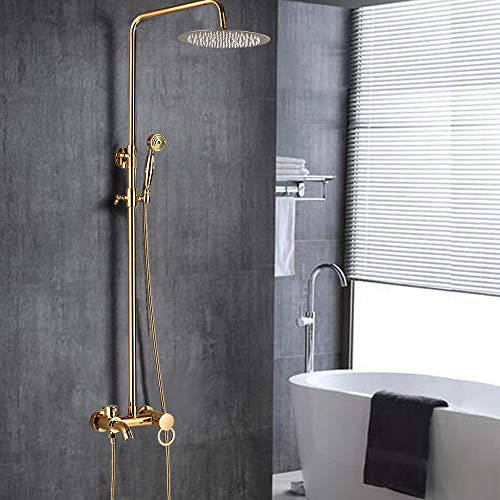 Gold Duschsystem Set, Edelstahl Handbrause Duscharmatur Duschset Wand Haengen Mit Sämtlichem Installationszu, Höhenverstellbar 80-120cm, Zwei Griffe