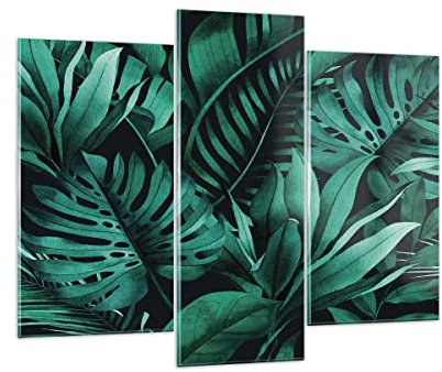 Mehrteilige Bilder auf Glas 130x100cm Glasbild Blätter Grafiken Monstera Groß Wanddeko Schlafzimmer Küche Set 3 teilige Wandbilder Dekoration Wohnzimmer Modern Wand Kunstdruck Art GCB130x100-4886