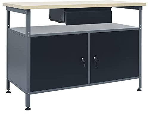 Werkbank mit offenem Fach & Schublade & Schränke, Holzähnlicher Maserung Tischplatte, Höhenverstellbare Füße, Werktisch Werkstatttisch Arbeitstisch, Metallgestell, Tragekapazität 300kg