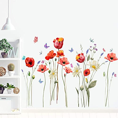 Runtoo Wandtattoo Rosa Blumen Wandsticker Mohnblume Wandaufkleber Wohnzimmer Kinderzimmer Schlafzimmer (Poppy)