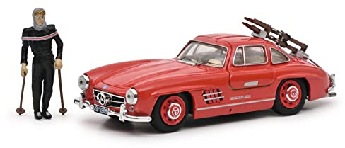 Schuco kompatibel mit Mercedes 300 SL Flügeltürer Davos 1957 rot mit Figur und Skiern Modellauto 1:43