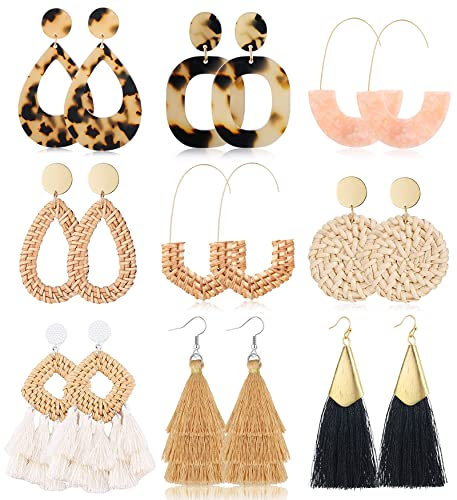 FUNEIA 9/12 Paar Statement Ohrringe Set für Damen Frauen Boho Rattan Harz Acryl Tropfen Hängend Ohrringe Geometrische Große Quaste Creolen Strandohrringe Modeschmuck (Mehrfarbig C 9)