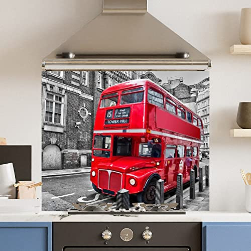 Premium 90 cm x 75 cm Red London Bus Glass 6mm Kitchen Splashback Heat Resistant Toughened Polished Edges - Back Splash Back Coloured Hob Painted Tempered Splashback