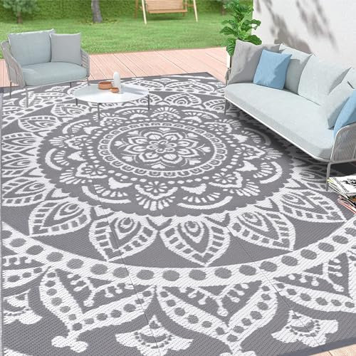 Bsmathom Wasserdichter Outdoor-Teppich, 2,7 x 3,6 m, wendbar, Boho-Kunststoff, Stroh, Terrasse, Deck, Camping-Teppich, für drinnen und draußen, tragbar, Wohnmobil-Matte für draußen, Veranda, Balkon