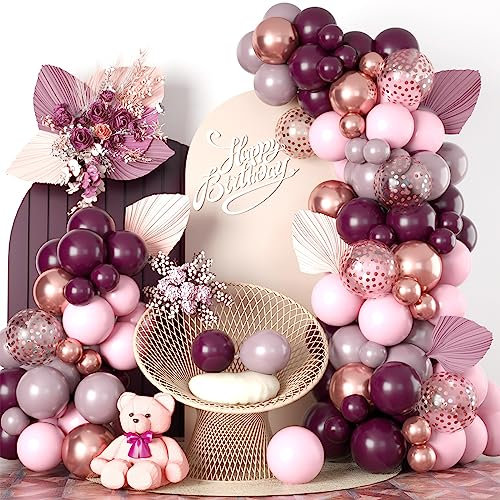 Burgundy Pink Balloon Arch Garland Kit, Burgundy Ruby Red Dusty Purple Pastel Pink Metallic Rose Gold Confetti Balloon Arch Kit for Women Girls Birthday Wedding Baby Bridal Shower Party Decorations