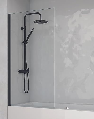 Mampara Bañera Puerta Abatible Cristal Templado 6mm con Antical Transparente | Biombo de Bañera con Rango Movimiento 180º y Reversible | Perfilería Negro 85x150cm